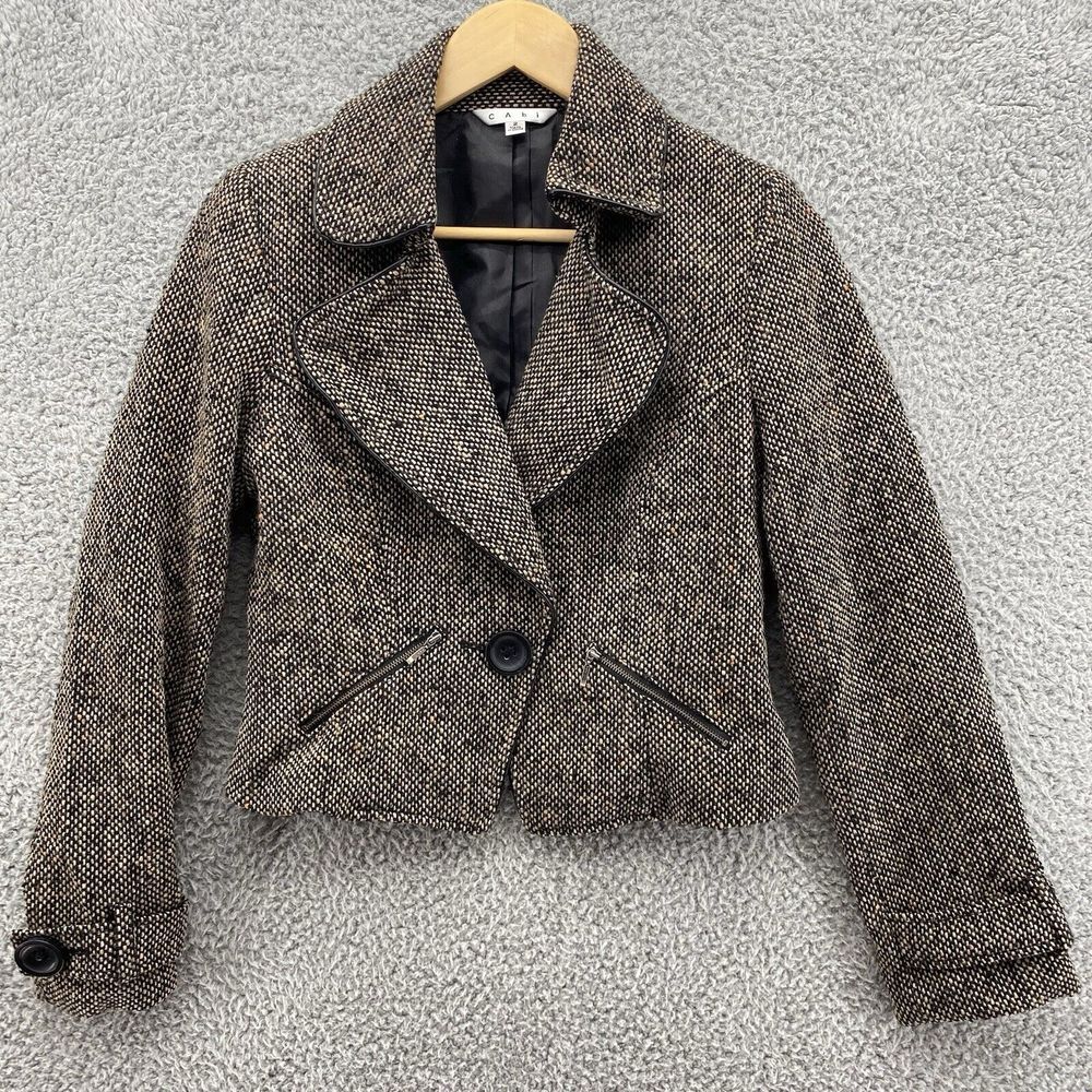 CAbi Womens 2 Small Plaid Designer Jacket Brown Checkered Button Zipper Pockets‎